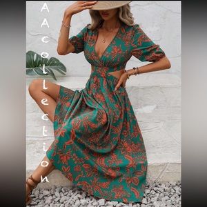 Boho Floral Paisley Print Open Cut Out Dress Green